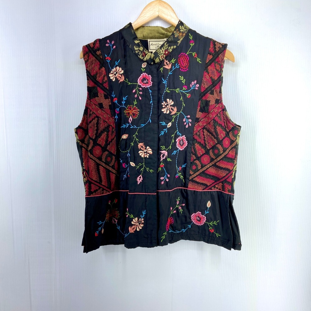 April Cornell Black‎ Multi Color Embroidered Flower Tapestry Vest Womens Large